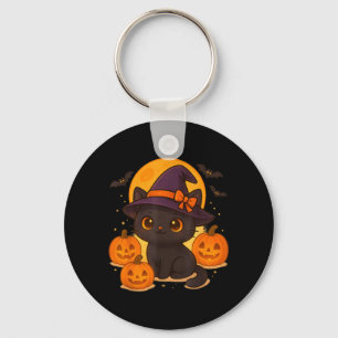 Cute Retro Black Cat Witch Pumpkin Halloween Keychain