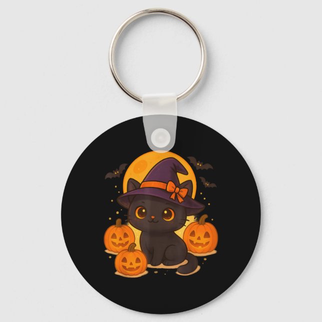 Cute Retro Black Cat Witch Pumpkin Halloween Keychain (Front)