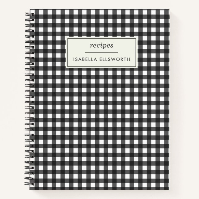 Cute Retro Black Gingham Plaid Personalized Recipe Notebook (Front)