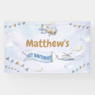 Cute Retro Blue Airplane 1st Birthday Banner