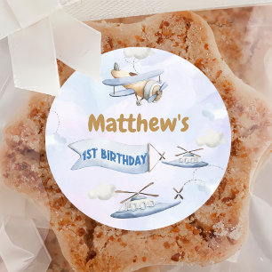 Cute Retro Blue Airplane 1st Birthday Classic Round Sticker