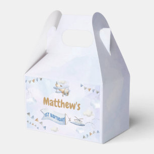 Cute Retro Blue Airplane 1st Birthday Favor Box
