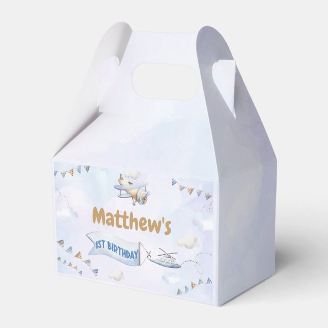 Cute Retro Blue Airplane 1st Birthday Favor Box (Front Side)