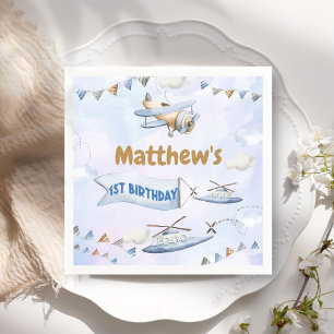 Cute Retro Blue Airplane 1st Birthday Napkin