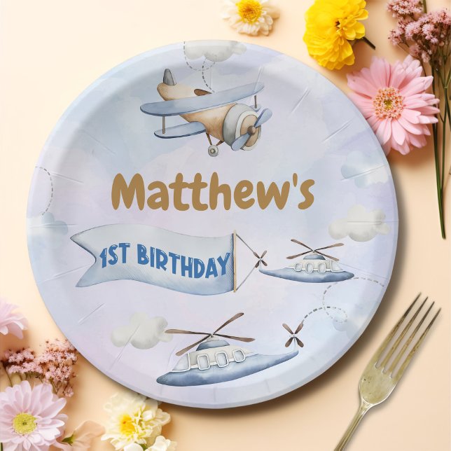 Cute Retro Blue Airplane 1st Birthday Paper Plate (Creator Uploaded)