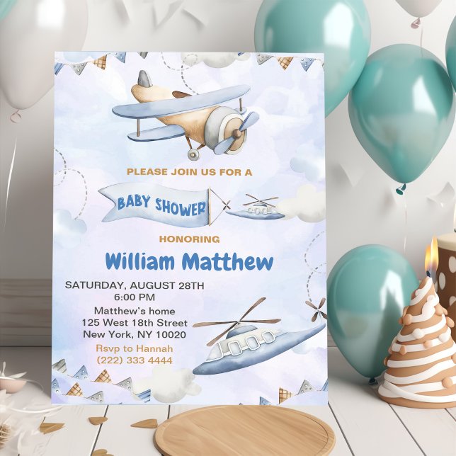 Cute Retro Blue Airplane Baby Shower Invitation (Creator Uploaded)