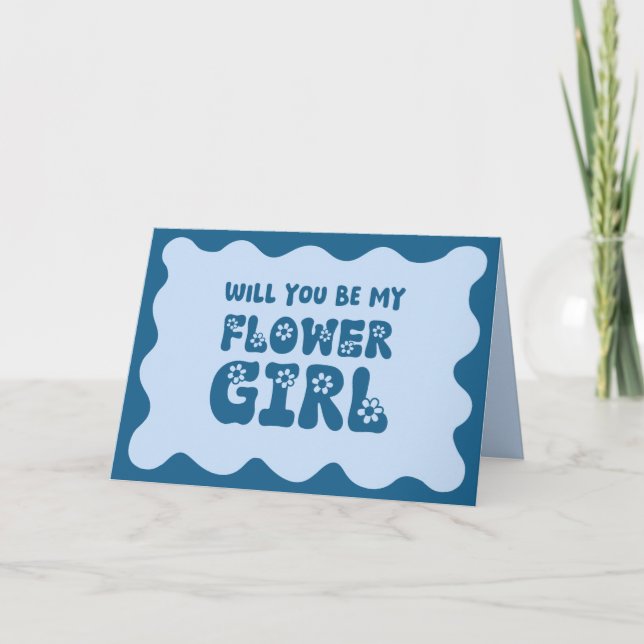 Cute Retro Blue Be My Flower Girl Proposal  Card (Front)