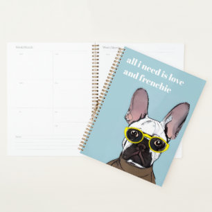 Cute Retro Blue French Bulldog With Neon Glasses Planner