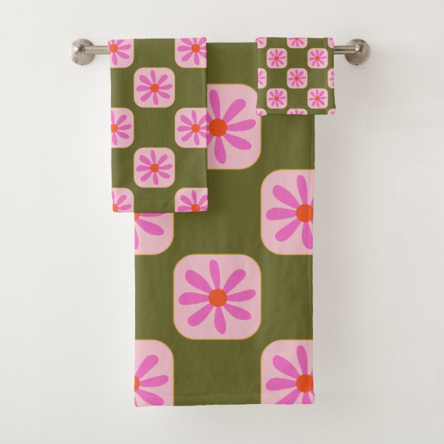Cute Retro Boho Checkerboard Fleur vert rose  (En situation)