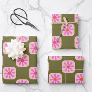 Cute Retro Boho Chequerboard Flower Green Pink Wrapping Paper Sheet