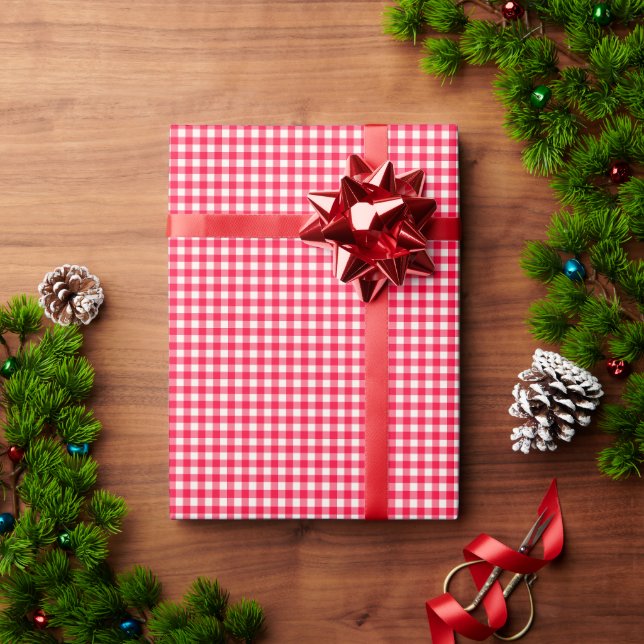Cute Retro Bright Red Gingham Plaid Pattern Wrapping Paper (Holiday Gift)
