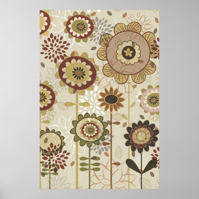 Cute retro brown, beige floral pattern custom poster (Front)