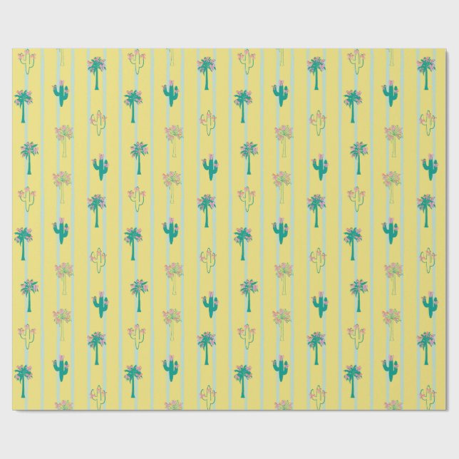 Cute Retro Cactus & Palm Trees Gift Wrap Paper (Flat)