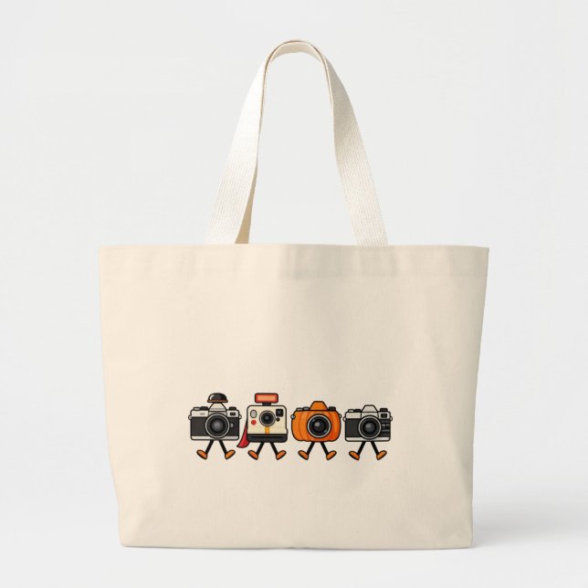 Cute Retro Cameras Walking Together Large Tote Bag (Front)
