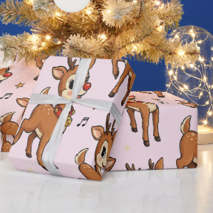 Cute Retro Cartoon Reindeer with Music Notes Wrapping Paper