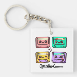 Cute Retro Cassette Tape "Rewind" Kawaii Design Keychain