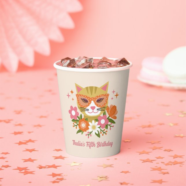 Cute Retro Cat and Florals Girls Birthday Paper Cups (Insitu)