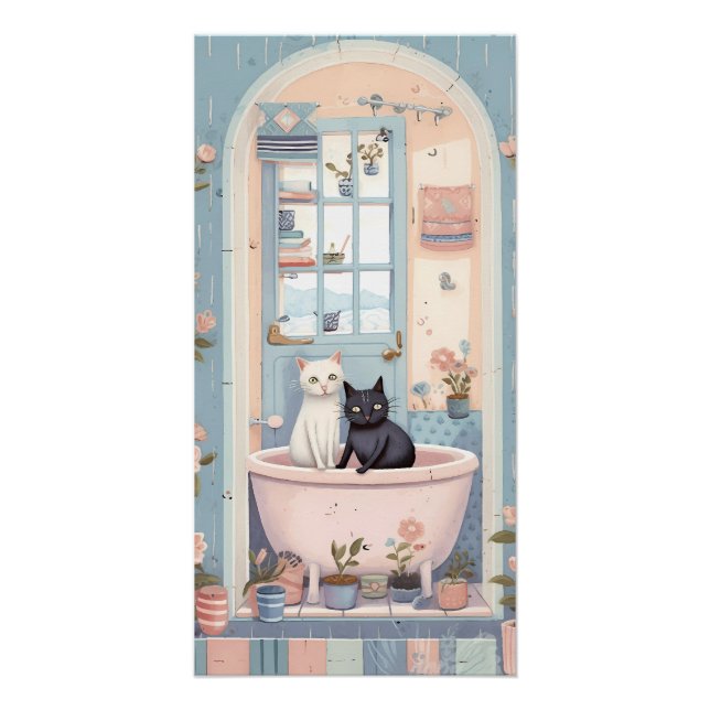 Cute Retro Cat and Kitten in the Bath Poster (Front)