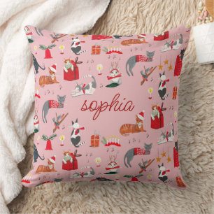 Cute retro cat pink Christmas pattern  Baby Blanke Throw Pillow