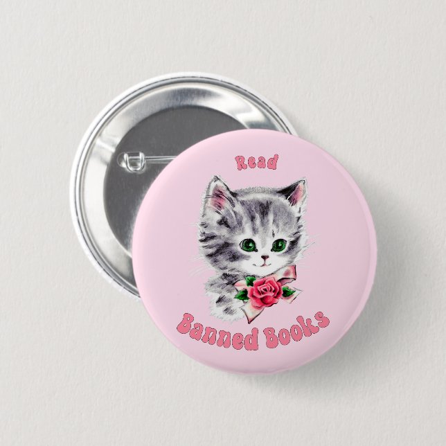 Cute Retro Cat - Read Banned Books 2 Inch Round Button (Front & Back)