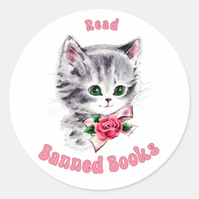 Cute Retro Cat - Read Banned Books Classic Round Sticker (Front)