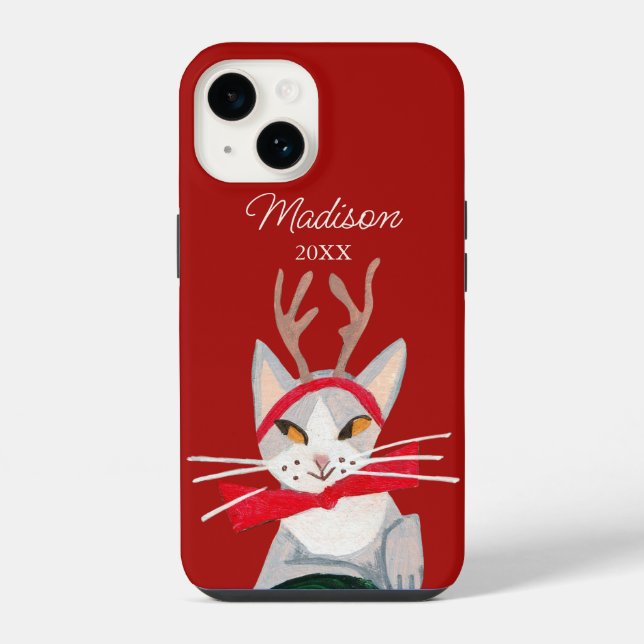 Cute retro cat red Christmas iPhone Case (Back)