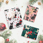 Cute Retro Cats Christmas Wrapping Paper Sheet<br><div class="desc">Merry Christmas with these cute cats that are celebrating the holiday with you. The three sheets are each a bit different, but all from retro pattern illustrations. One is all fun black cats with red and adornments, such as ornaments and holly berries on a white background. The second features more...</div>