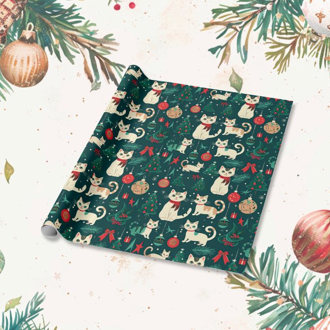 Cute Retro Cats on Black Christmas Wrapping Paper (Cute Retro Cats Black Christmas wrapping paper roll)