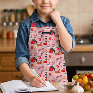 cute retro cats pattern pink Christmas  Apron
