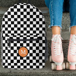 Cute Retro Chequerboard Monogram Black and White Printed Backpack<br><div class="desc">This fun, stylish custom backpack features a retro chequerboard pattern in black and white. A monogram initial text template is included - use it to personalize your backpack or remove it and the circle, if you'd prefer no monogram. This cute backpack is perfect for back to school ! *Original artwork...</div>