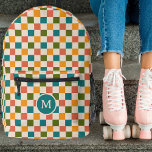 Cute Retro Chequerboard Monogram Multicolored Printed Backpack<br><div class="desc">This fun, stylish custom backpack features a chequerboard pattern in retro shades of golden yellow, teal, olive green, melon orange, and cream. A monogram initial text template is included - use it to personalize your backpack or remove it and the circle, if you'd prefer no monogram. This cute, colourful backpack...</div>