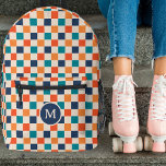 Cute Retro Chequerboard Monogram Navy Orange Teal Printed Backpack<br><div class="desc">This fun, stylish custom backpack features a chequerboard pattern in retro shades of navy blue, bright orange red, light orange / yellow, teal, and cream. A monogram initial text template is included - use it to personalize your backpack or remove it and the circle, if you'd prefer no monogram. This...</div>