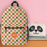 Cute Retro Chequerboard Monogram Pink Orange Green Printed Backpack<br><div class="desc">This fun, stylish custom backpack features a chequerboard pattern in retro shades of pink, orange, and olive toned greens over a cream coloured background. A monogram initial text template is included - use it to personalize your backpack or remove it and the circle, if you'd prefer no monogram. This cute,...</div>