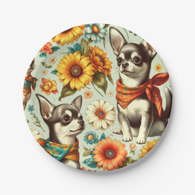 Cute Retro Chihuahua Illustration Paper Plate (Front)