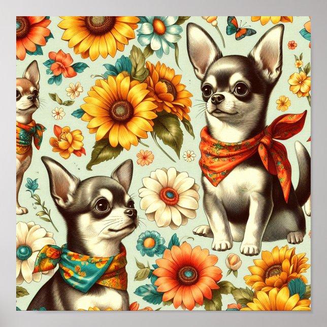 Cute Retro Chihuahua Illustration Poster (Front)