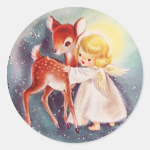Cute Retro Christmas Angel Girl With Deer Classic Round Sticker