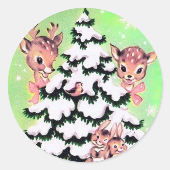 Cute Retro Christmas Deer and Bunnies Classic Round Sticker (Front)
