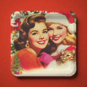 Cute Retro Christmas Girls Paper Plate