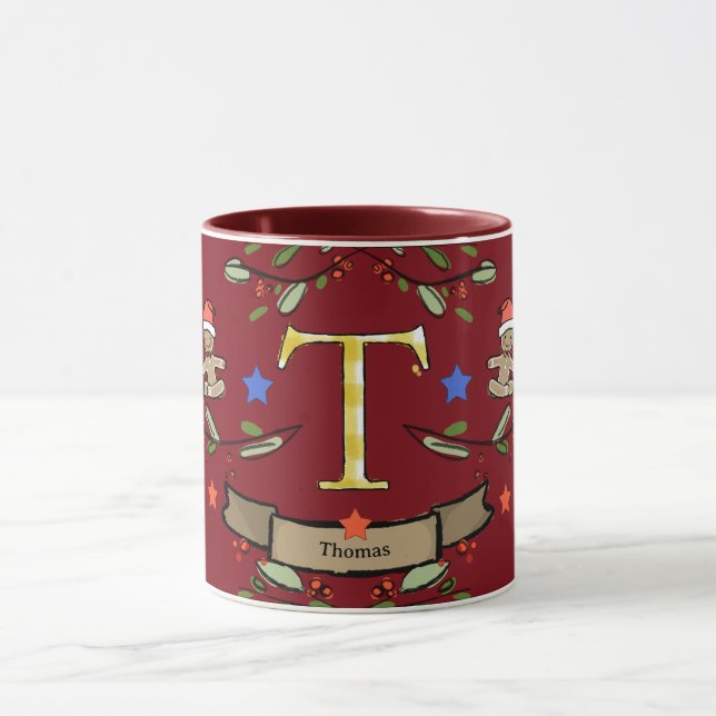 Cute Retro Christmas Monogram "T" with name  Mug (Center)
