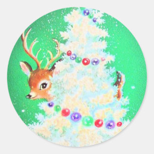 Cute Retro Christmas Peeking Baby Deer Classic Round Sticker