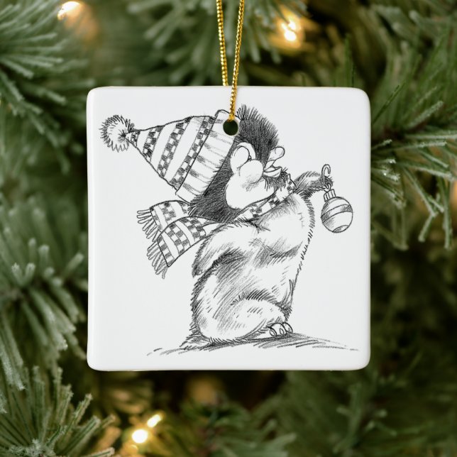 Cute Retro Christmas Penguin with Hat and Scarf Ceramic Ornament (Tree)