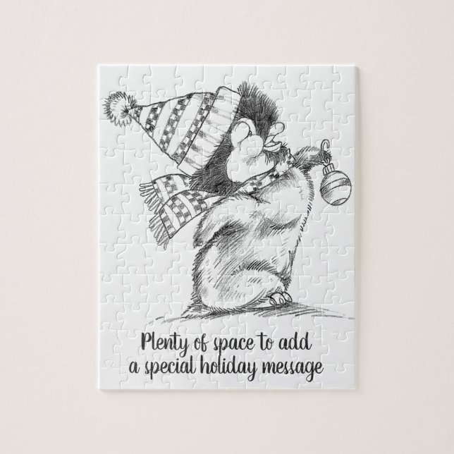 Cute Retro Christmas Penguin with Hat and Scarf Jigsaw Puzzle (Vertical)