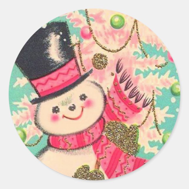 Cute Retro Christmas Snowman Classic Round Sticker (Front)