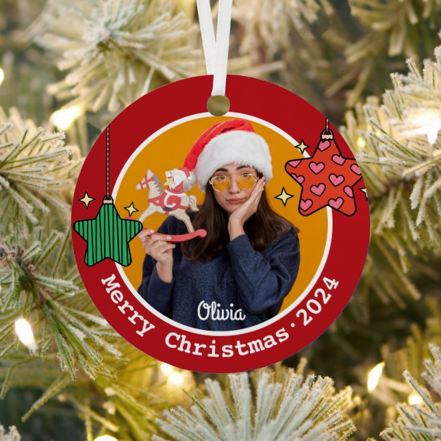 Cute Retro Christmas Stars Custom Image Metal Ornament (Insitu)