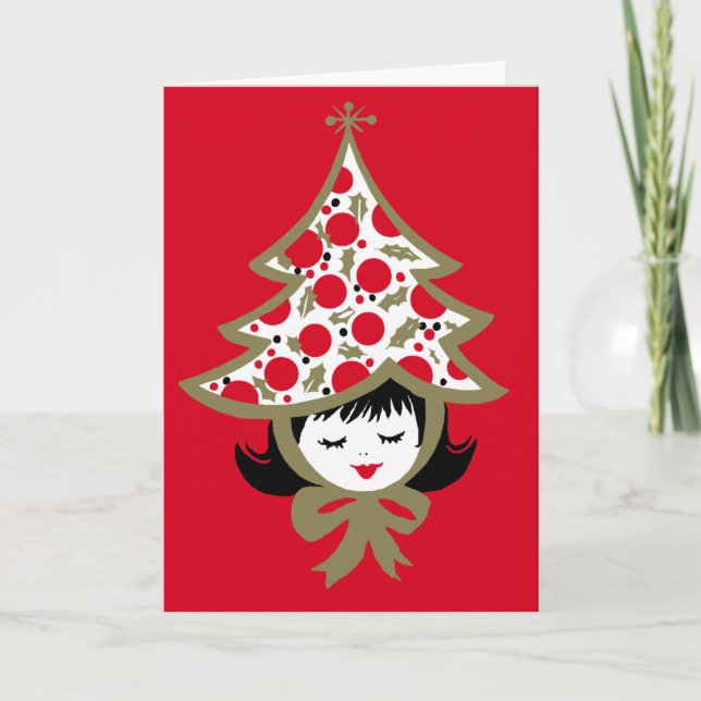 Cute Retro Christmas Tree Girl Red Card (Front)