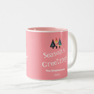 Cute Retro Christmas Trees Pink Holiday Two-Tone Coffee Mug
