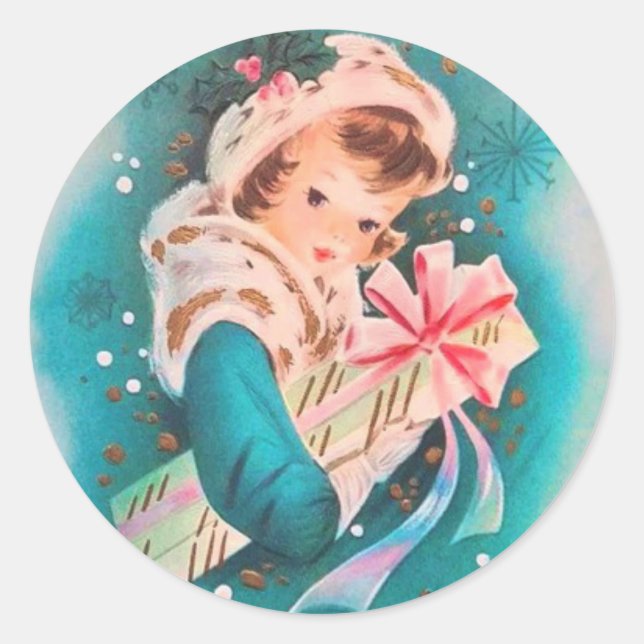 Cute Retro Christmas Winter Girl With Gift Classic Round Sticker (Front)