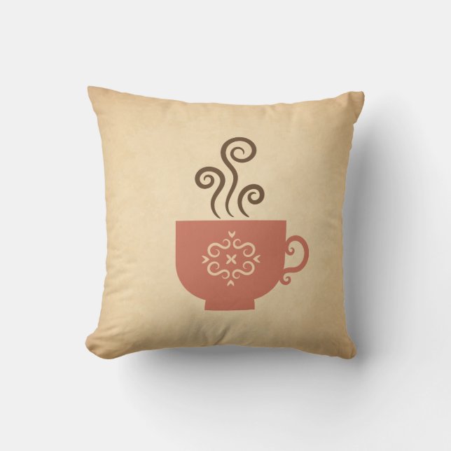 Cute Retro Coffee or Tea Cup on Aged Paper Texture Throw Pillow (Front)