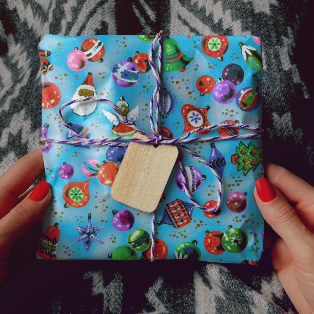 Cute retro colourful ornaments Christmas blue Wrapping Paper (Creator Uploaded)
