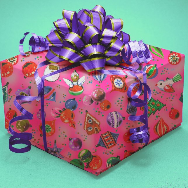 Cute retro colourful ornaments Christmas pink Wrapping Paper (Creator Uploaded)